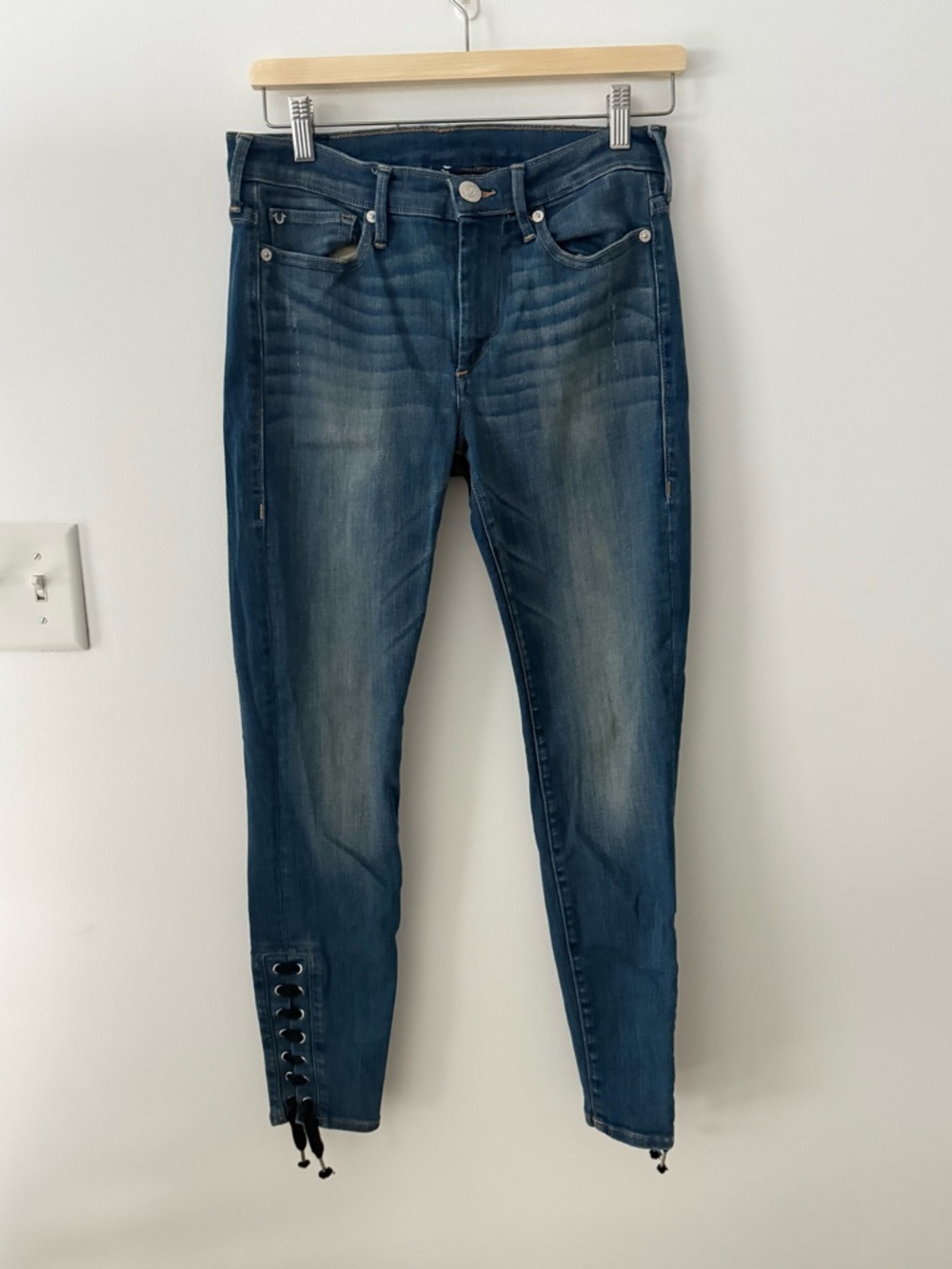 True Religion Halle Mid Rise Super Skinny Crop Ankle Lace Up Jean